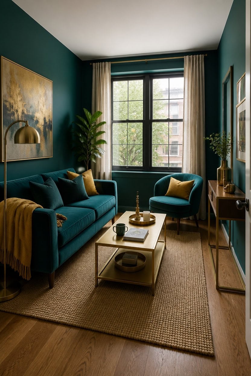 teal walls with gold accents