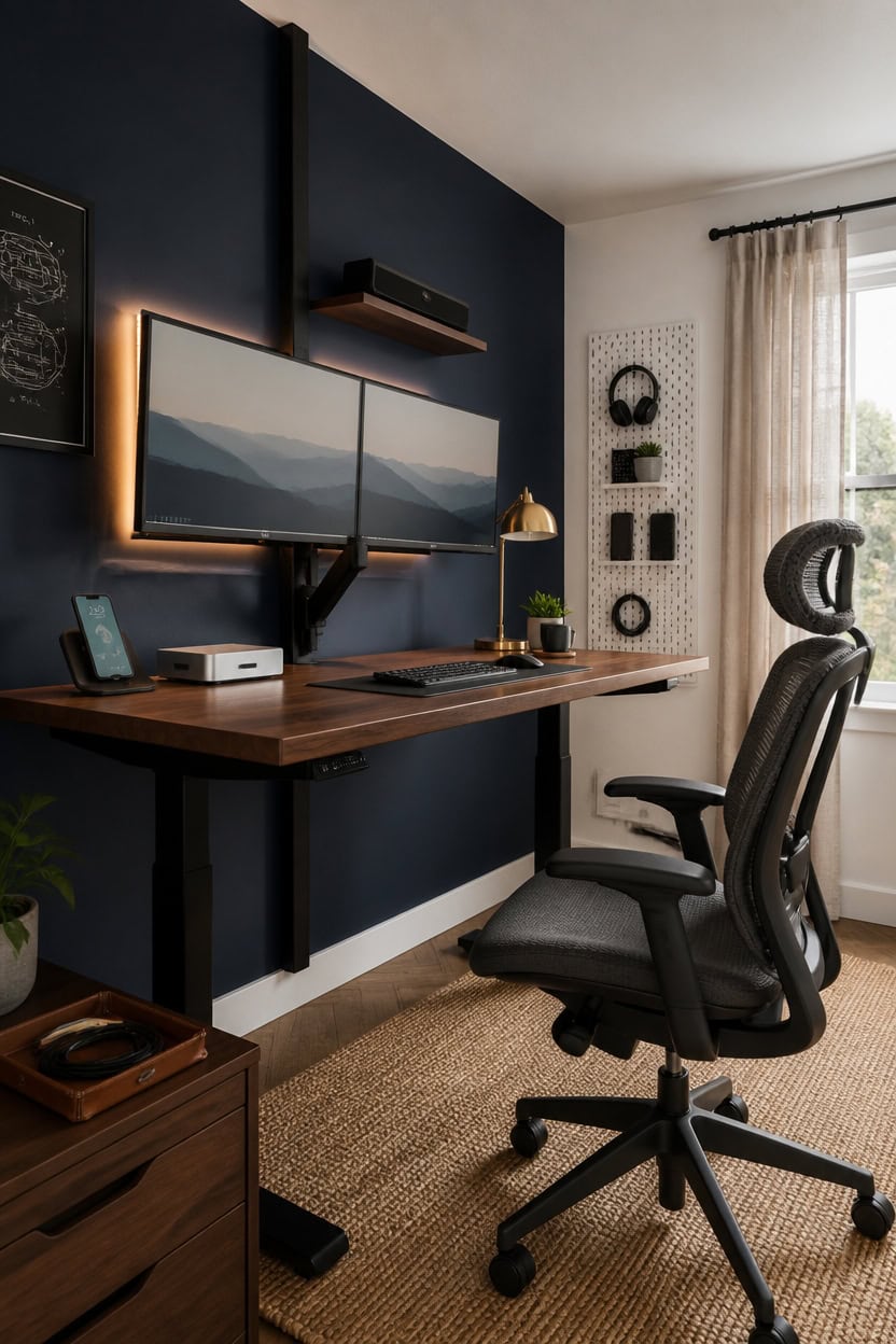Home office setup with dual monitors, desk, and ergonomic chair in a stylish apartment.