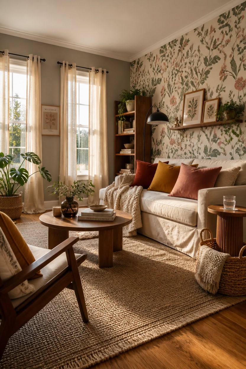 Bright living room with floral wallpaper, large windows, and comfortable seating.