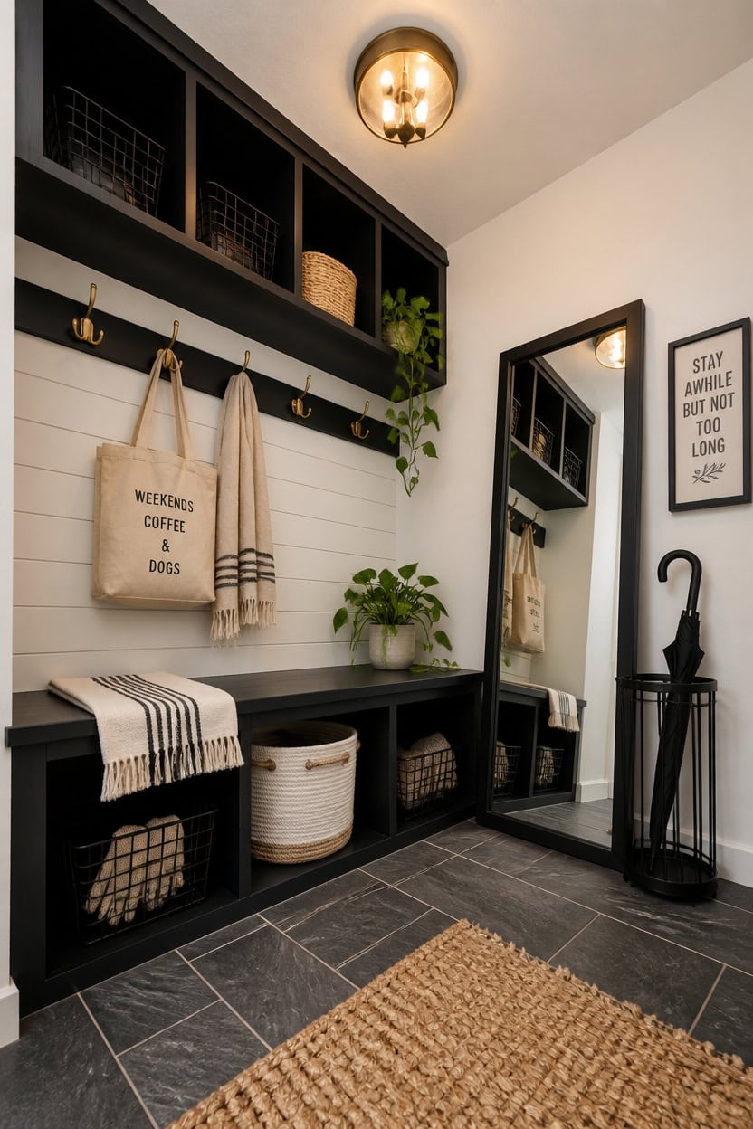 Entryway with black storage bench, wall hooks, mirror, and decorative accents.