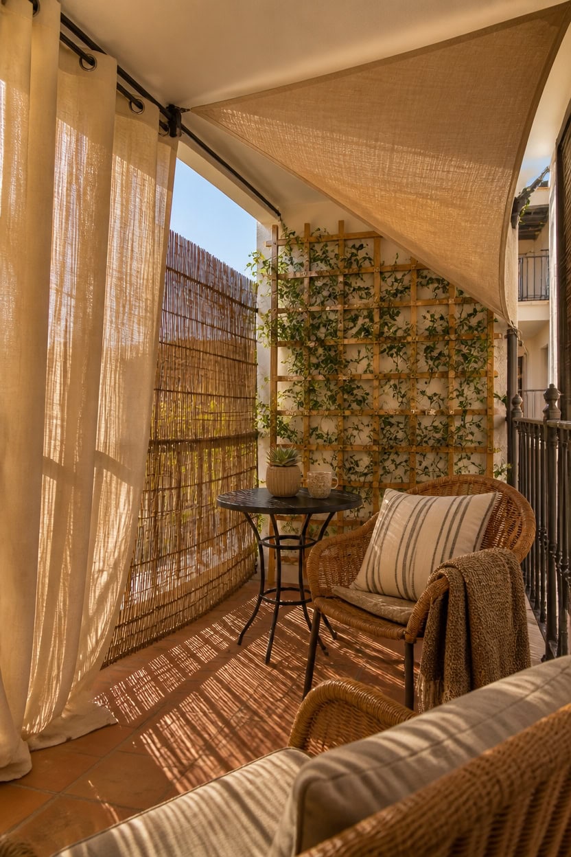 Balcony with sunshade, wicker chairs, and potted plants at Apartment ABC. Perfect outdoor space for.