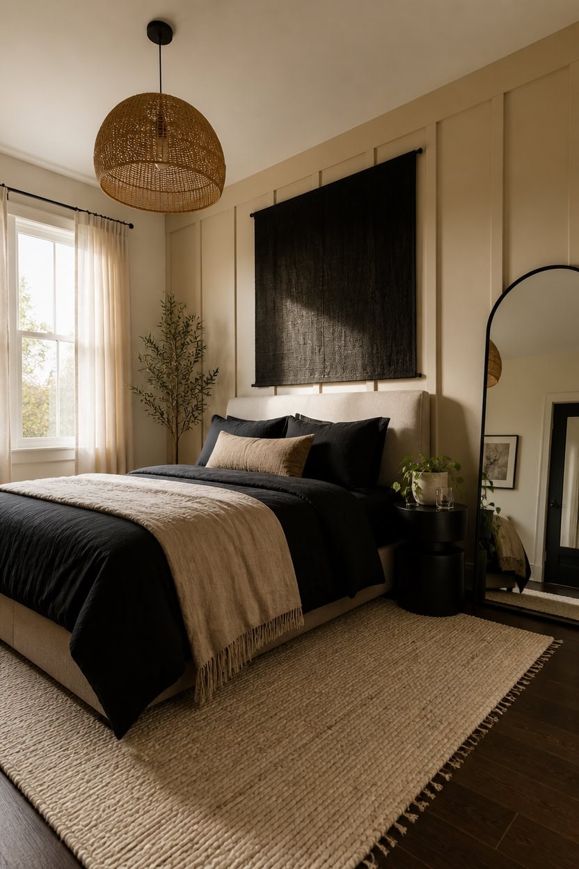 Bright and inviting bedroom with large window, stylish decor, and comfortable bedding. Perfect for r.