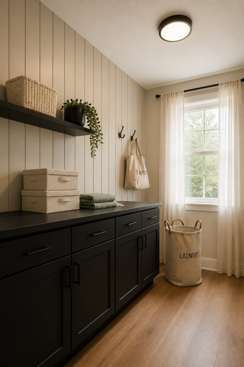 Bright laundry room with black cabinets, wall hooks, and a laundry basket near a window.