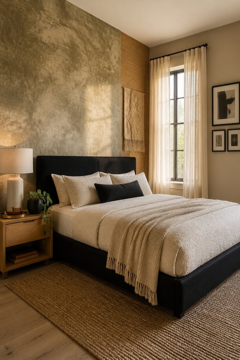 Bright bedroom featuring a large window, neutral tones, and stylish decor for a comfortable living s.