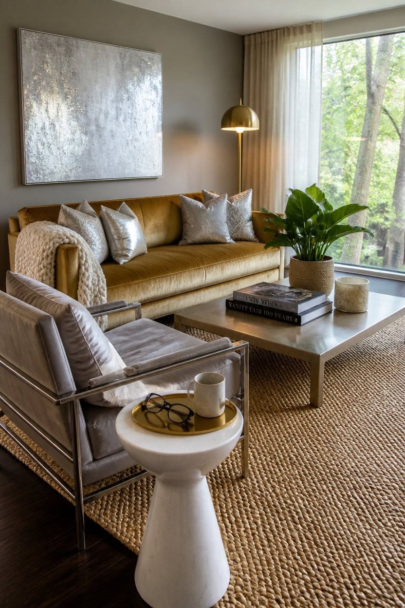 textured rugs anchor metallic palette