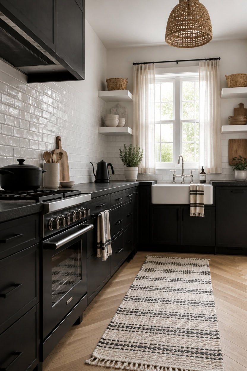 Black and white kitchen with large window, farmhouse sink, and stylish decor.