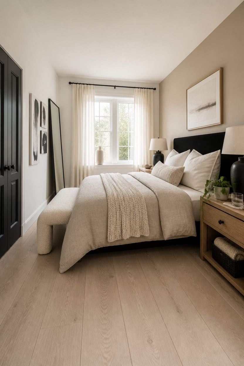 Bright and inviting bedroom with large window, neutral decor, and comfortable bedding.