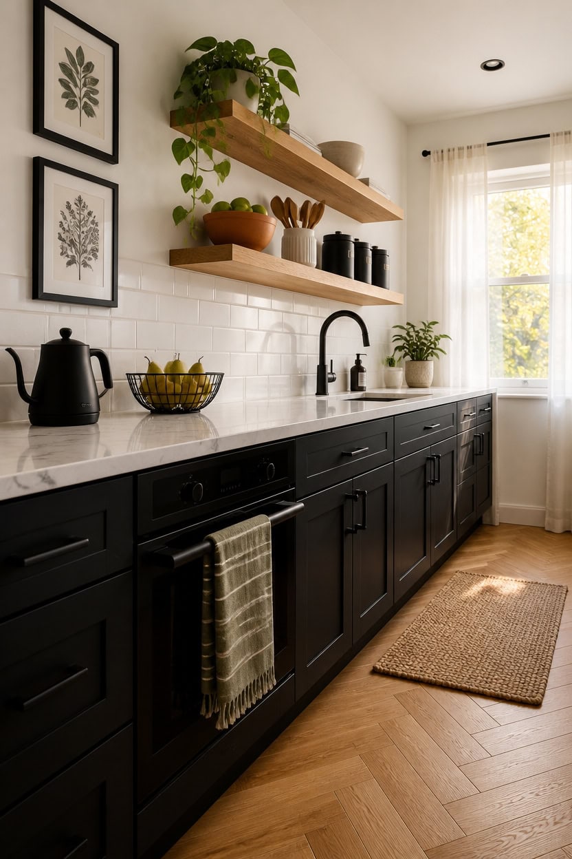 Modern kitchen with black cabinets, open wooden shelves, and natural light.