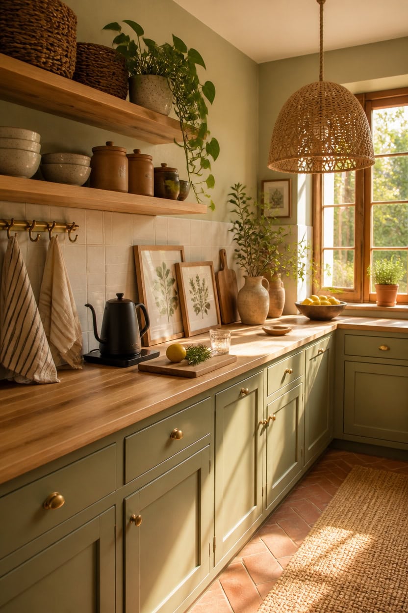 Bright kitchen with green cabinets, open wooden shelves, and sunlight streaming through a window. De.