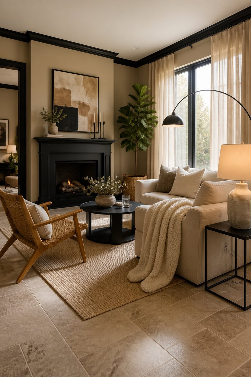 Cozy living room featuring a fireplace, large windows with sheer curtains, a white sofa, wooden armc.