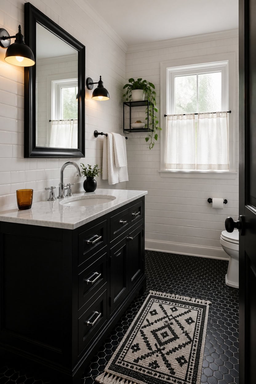Modern bathroom featuring a black vanity, white walls, and stylish decor.
