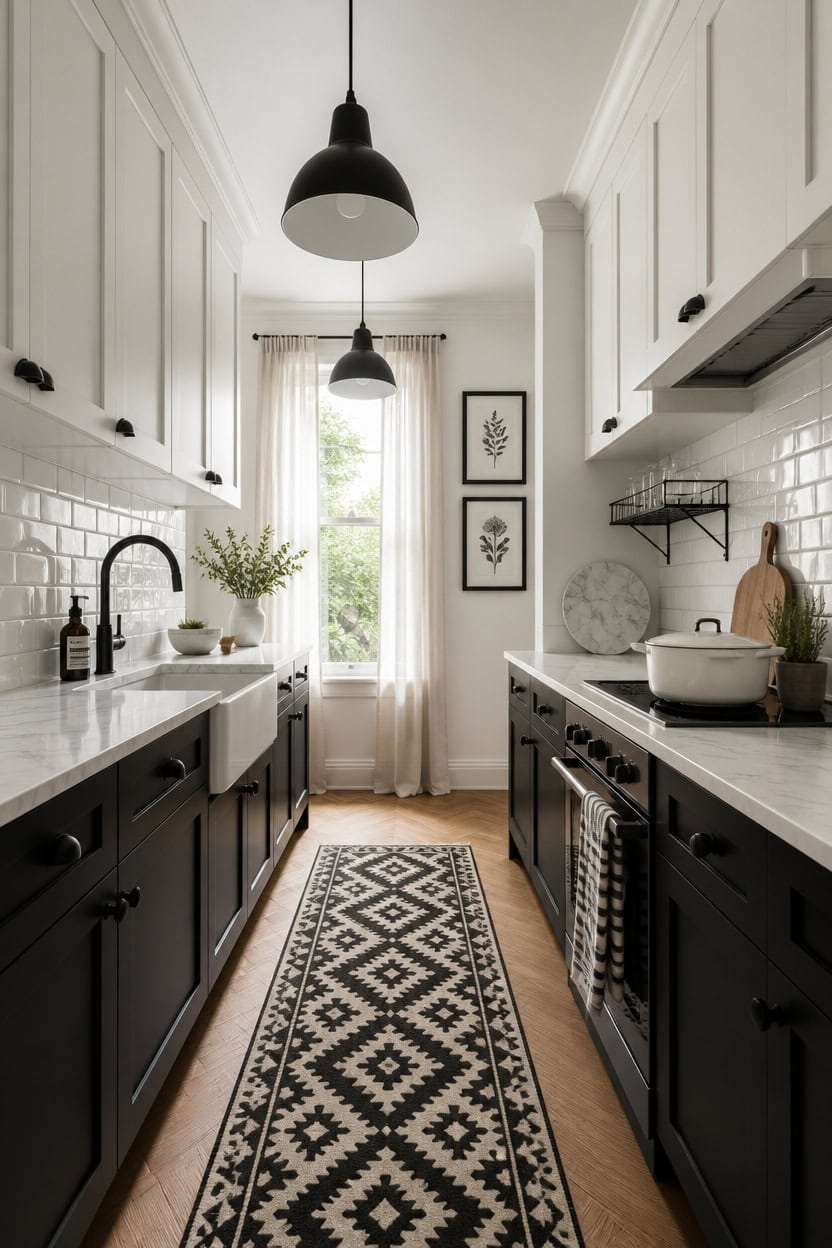Bright modern kitchen with black lower cabinets, white upper cabinets, and a large window providing.