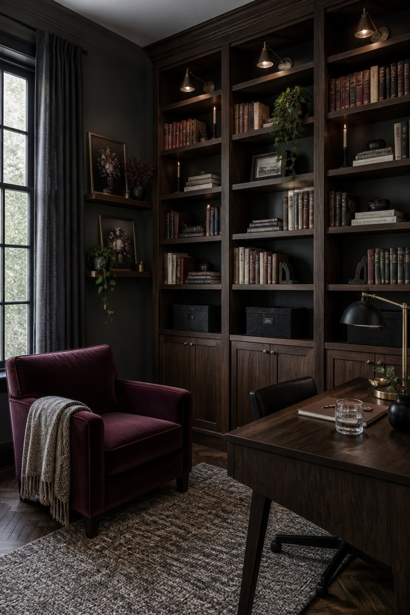 tonal dark bookshelf curated display