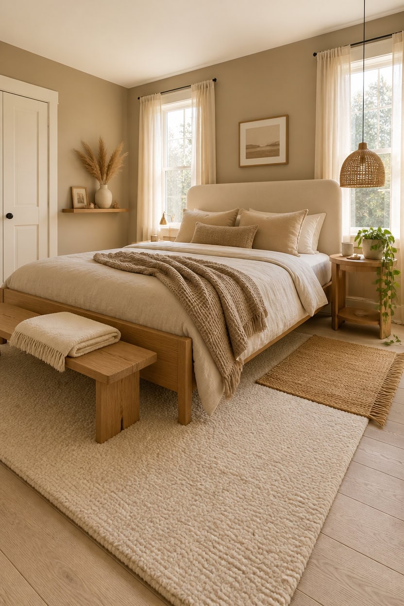 Bright and inviting bedroom featuring large windows, neutral tones, and minimalist decor for a relaxing living space.