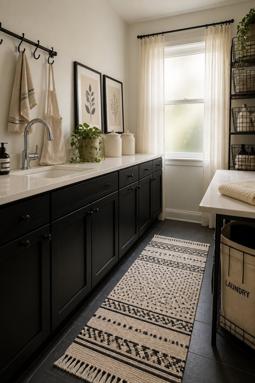 Laundry room with black cabinetry, white walls, and a large window providing natural light. Includes.