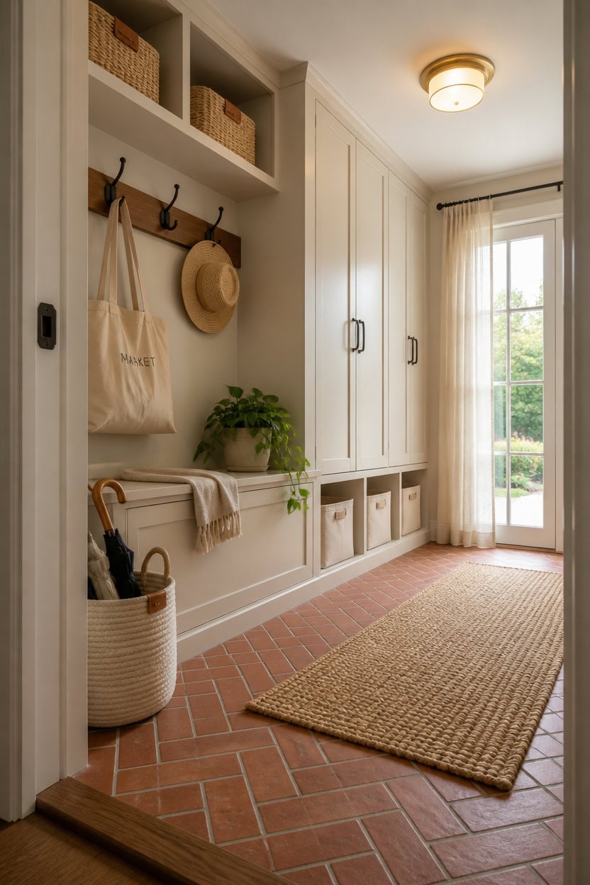 Bright entryway featuring built-in cabinets, hooks, and a glass door with curtains, creating a welcoming and organized space.