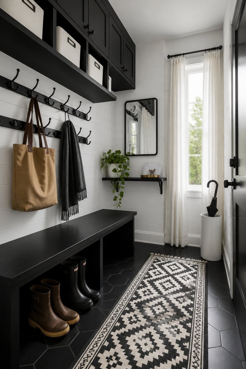 Stylish apartment entryway with black storage bench, coat hooks, and a patterned rug, featuring natu.