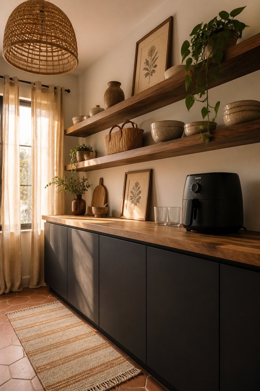 Modern kitchen with wooden shelves, decorative pottery, and natural light.
