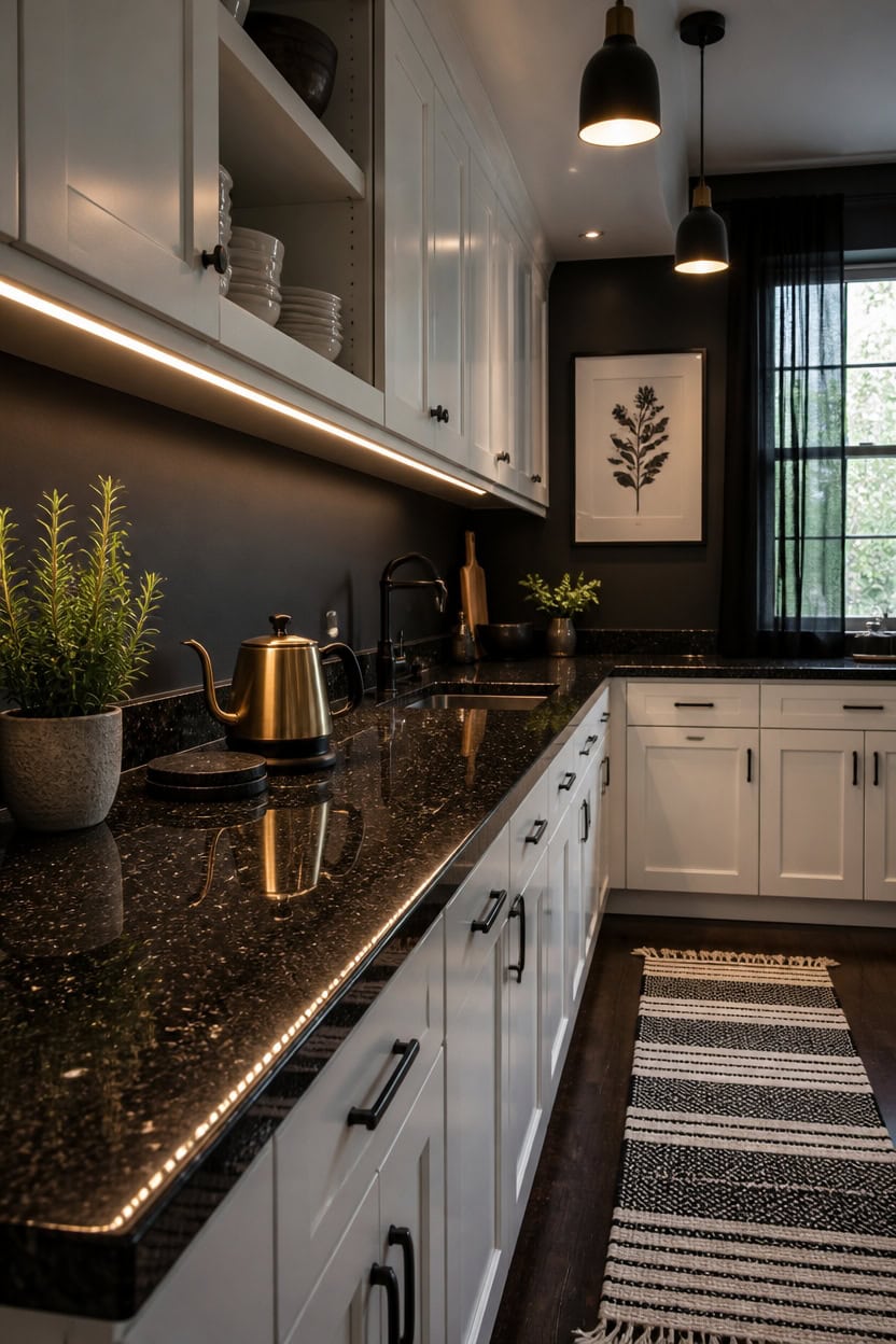 Elegant kitchen with black granite countertops, white cabinetry, and stylish pendant lights for cont.