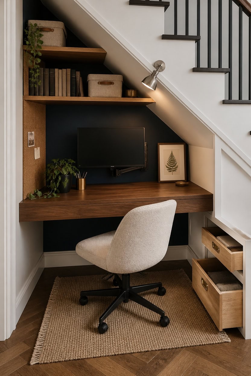 Compact home office under staircase with desk, shelves, and chair.