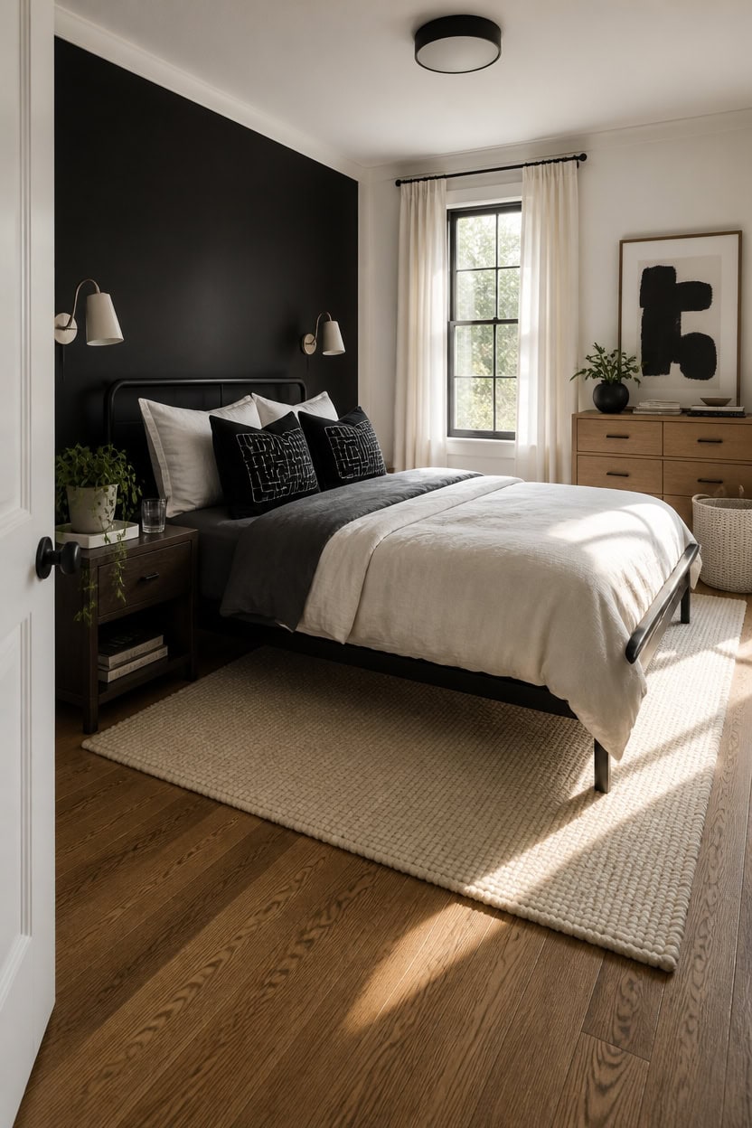 Cozy bedroom featuring black accent wall, large window, and stylish furnishings.
