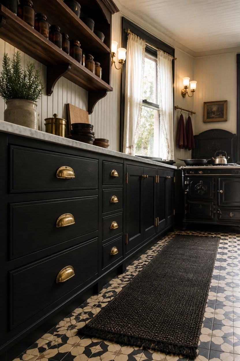 Vintage kitchen with black cabinetry, open shelves, and classic decor elements.