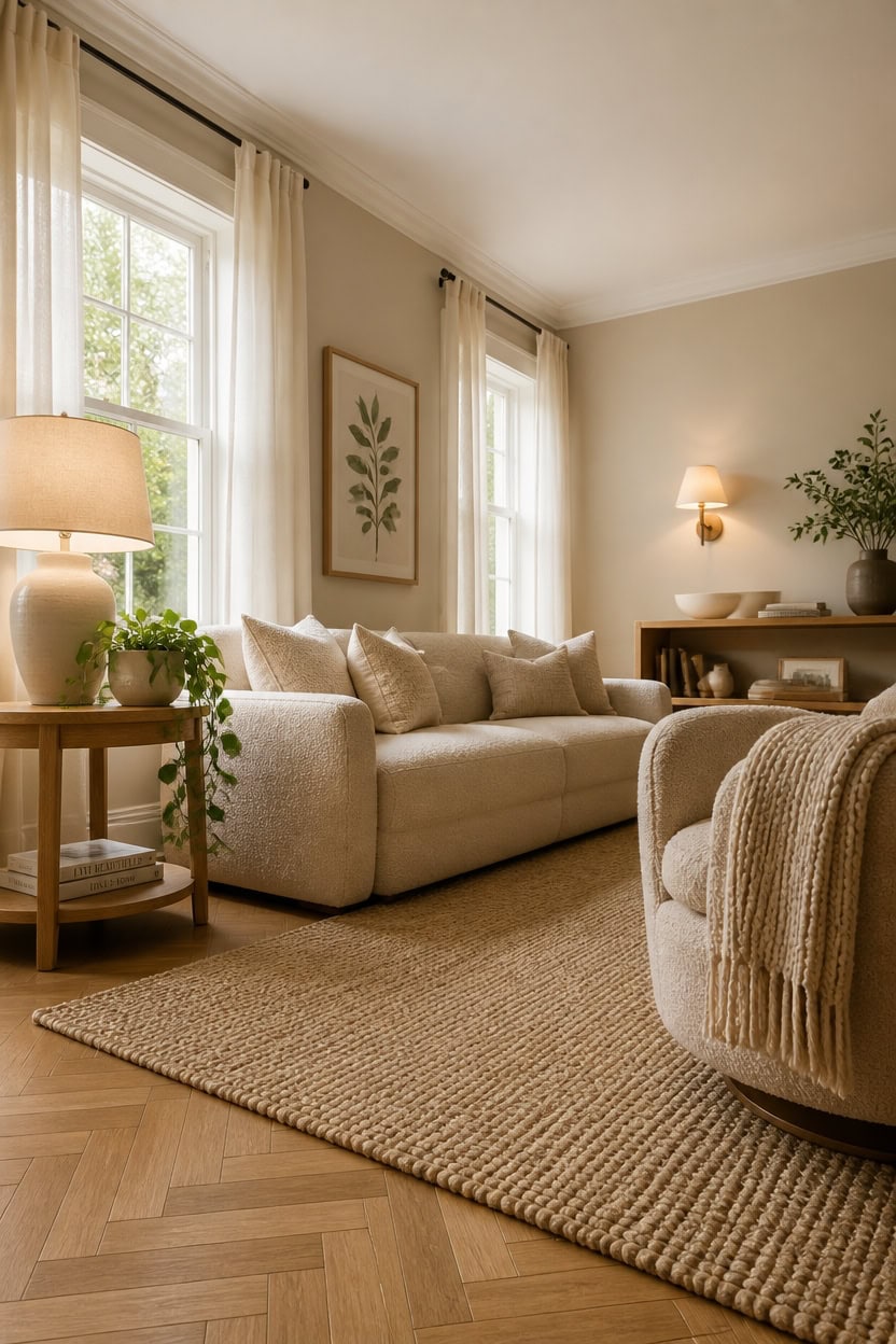 Bright and inviting living room featuring large windows, comfortable sofa, and elegant decor. Perfect for relaxing and entert.