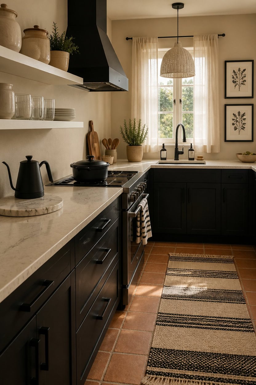 Modern kitchen with black cabinets, white countertops, and natural light from a window.