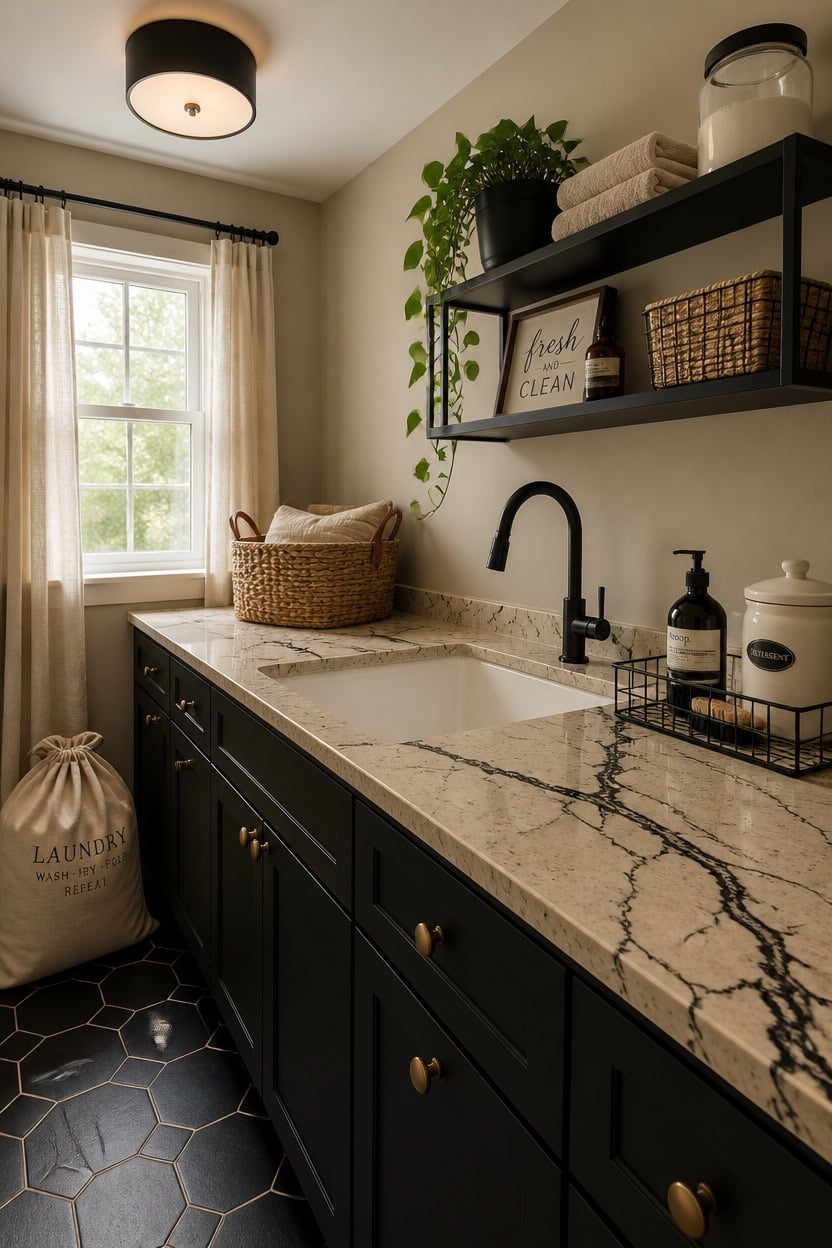 Bright kitchen featuring black cabinetry, a marble countertop, and open shelving with decorative and.