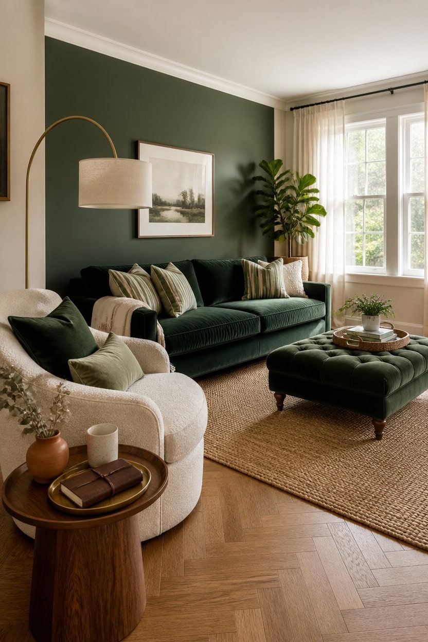Comfortable living room featuring a green accent wall, plush sofa, and natural light.
