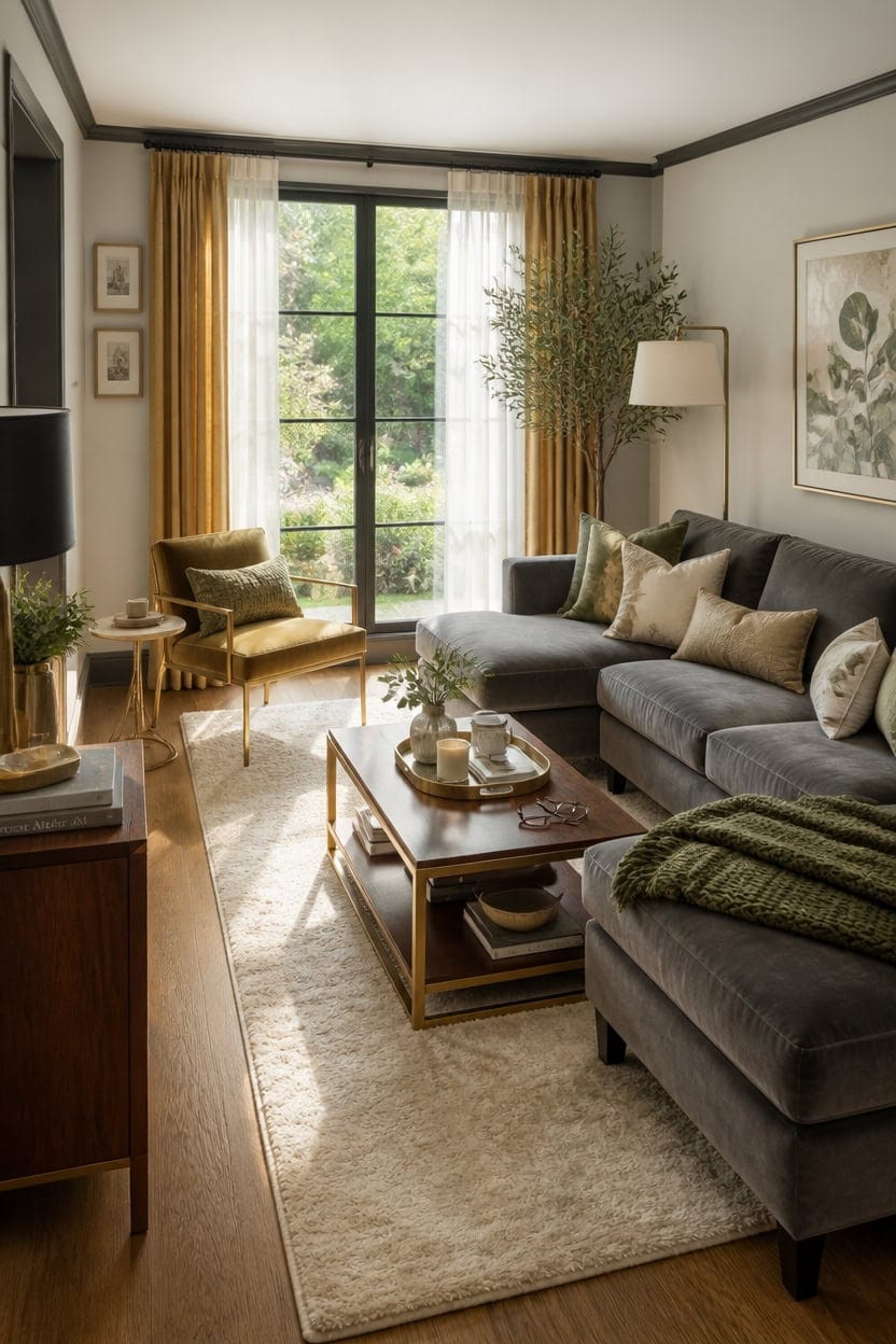 velvet sofa gold accents