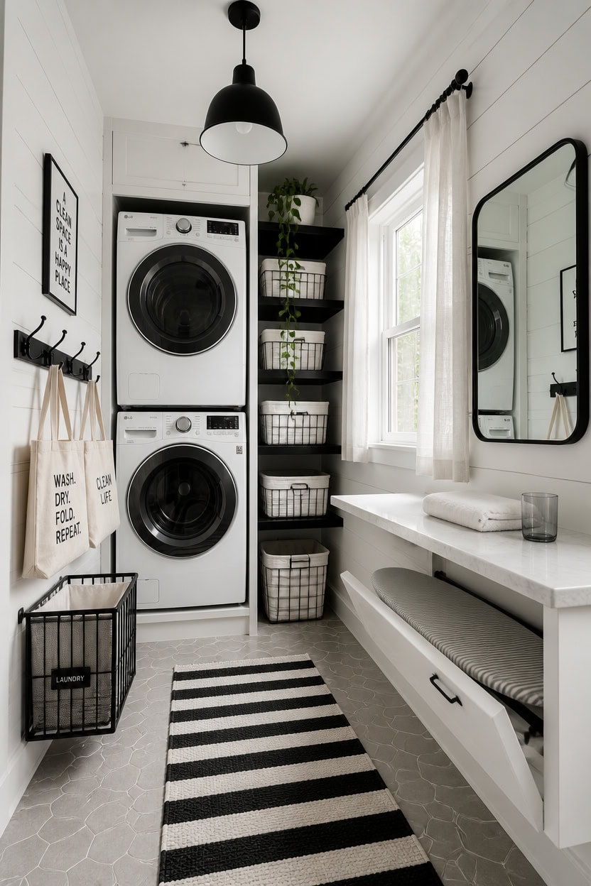 Bright laundry room with stacked washer and dryer, black shelving, and a large mirror for a function.