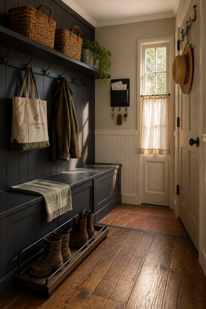 Inviting mudroom with hooks, baskets, and a window for natural light.