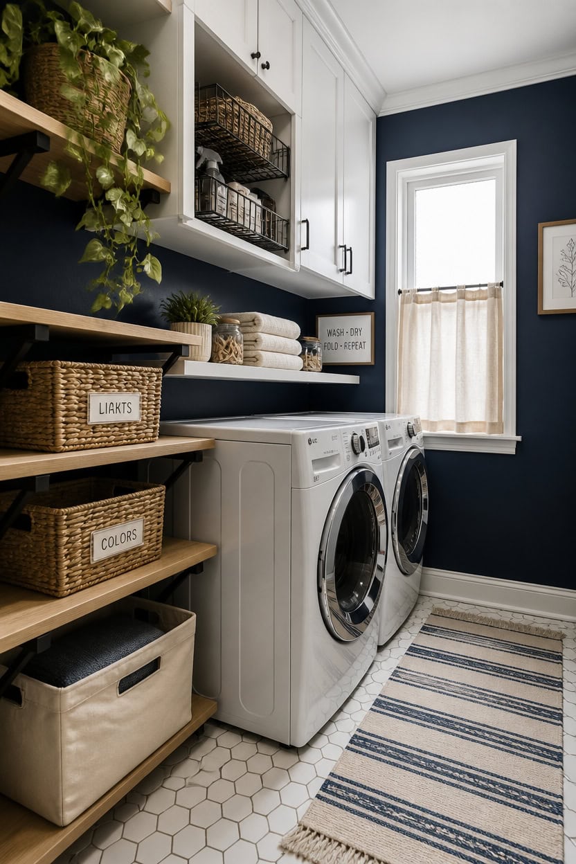 Bright laundry room with washer and dryer, white cabinetry, and organized shelves. Features a window.