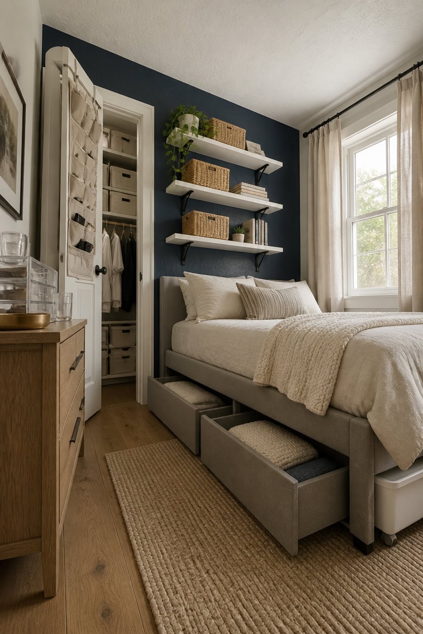 Bright bedroom with large window, cozy bed, and organized closet space.