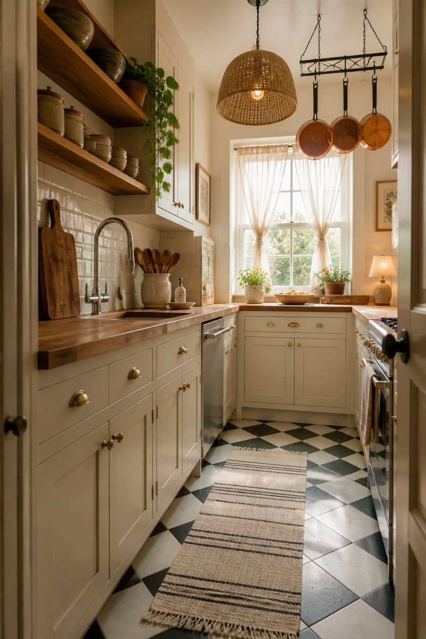 Bright vintage kitchen with white cabinets, open wooden shelves, and hanging copper pots. Sunlit spa.