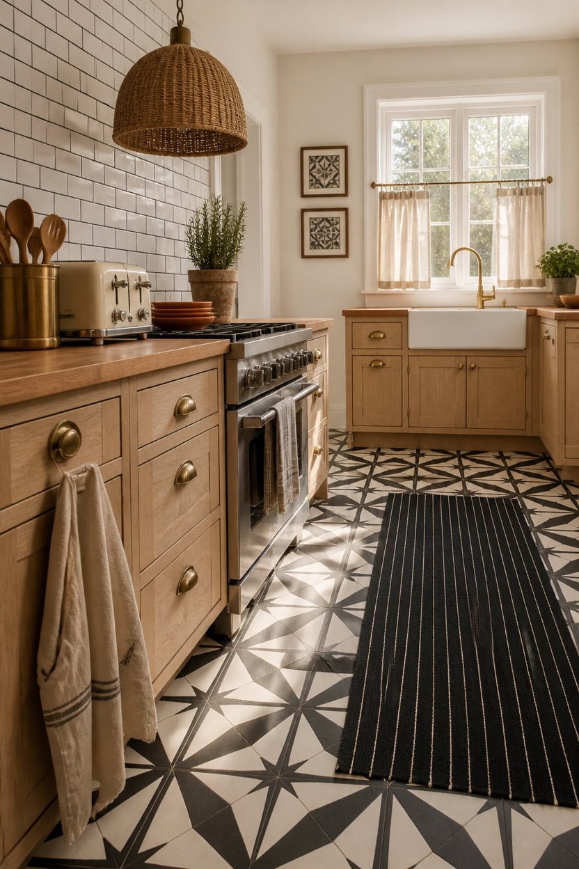 Bright kitchen with wooden cabinets, patterned floor tiles, and a large window letting in natural li.