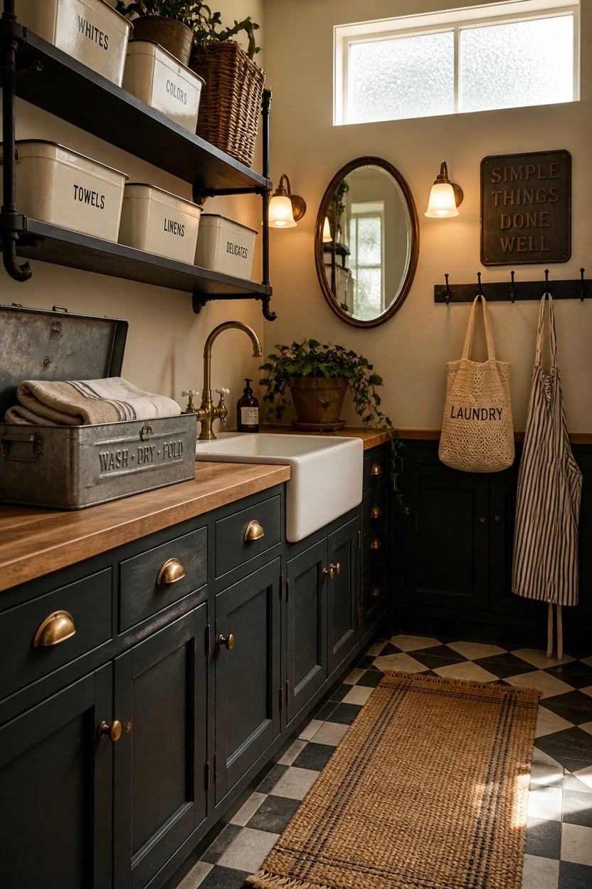 Laundry room with farmhouse style sink and open shelving.