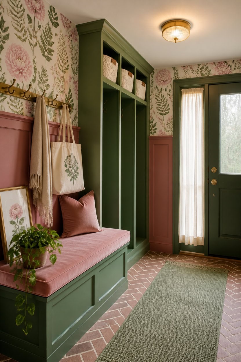 Bright entryway with green built-in storage, floral wallpaper, and a pink cushioned bench. Natural l.