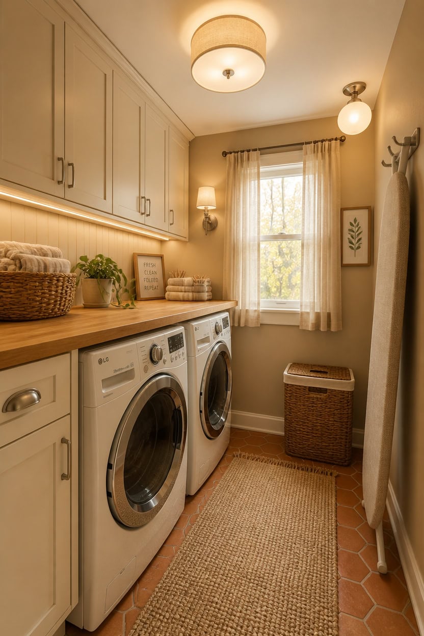 Bright laundry room featuring front-loading washer and dryer, ample cabinetry, and a window with curtains for natural illumin.