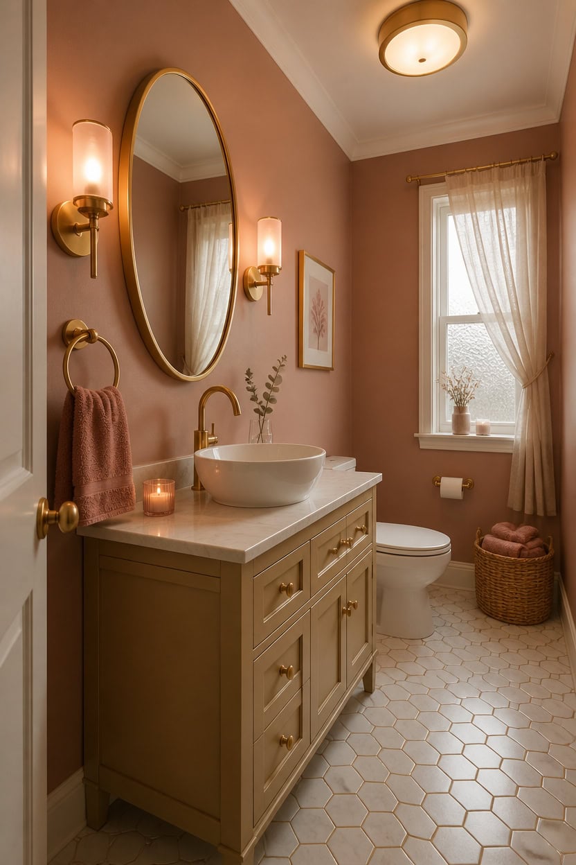 Bright bathroom featuring pink walls, gold fixtures, and a white vanity with a vessel sink. Natural.