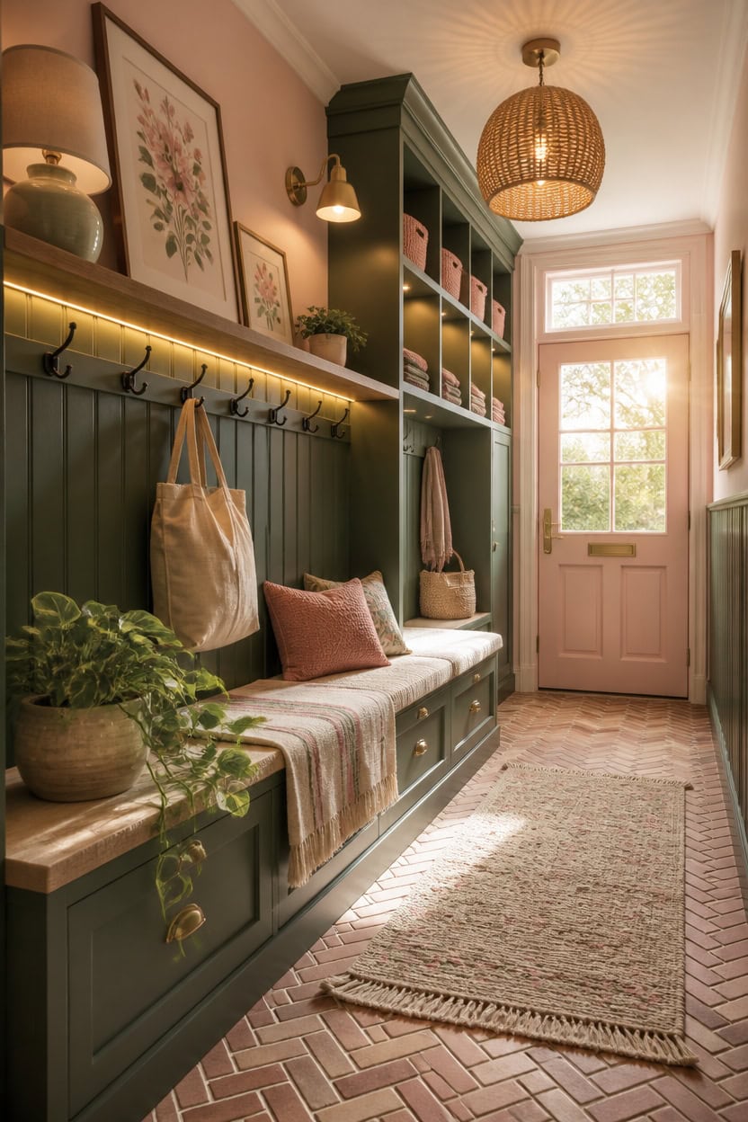 Inviting entryway featuring a green storage bench, wall hooks, and decorative accents.