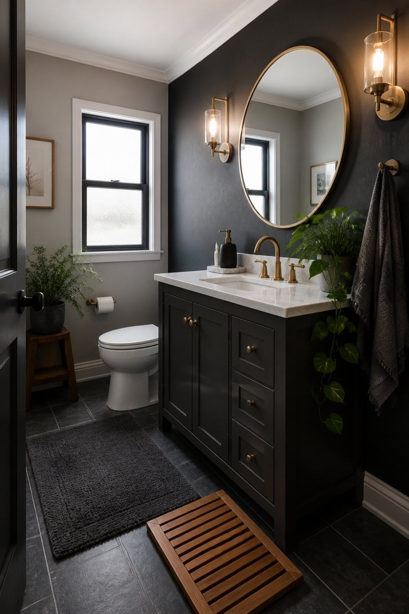 Elegant bathroom featuring a black vanity, round mirror, and stylish lighting fixtures.
