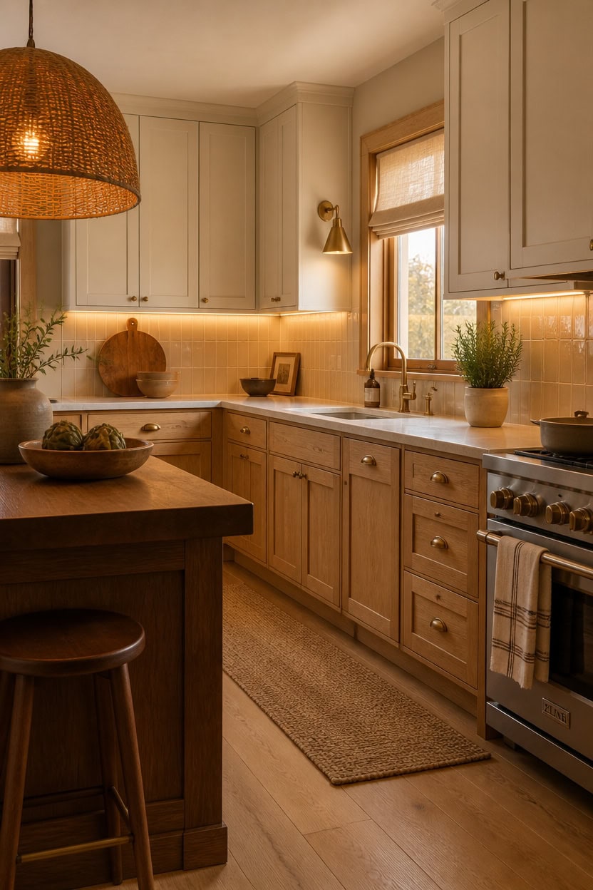 Bright and inviting kitchen with white cabinetry, warm lighting, and wooden accents. Perfect for coo.