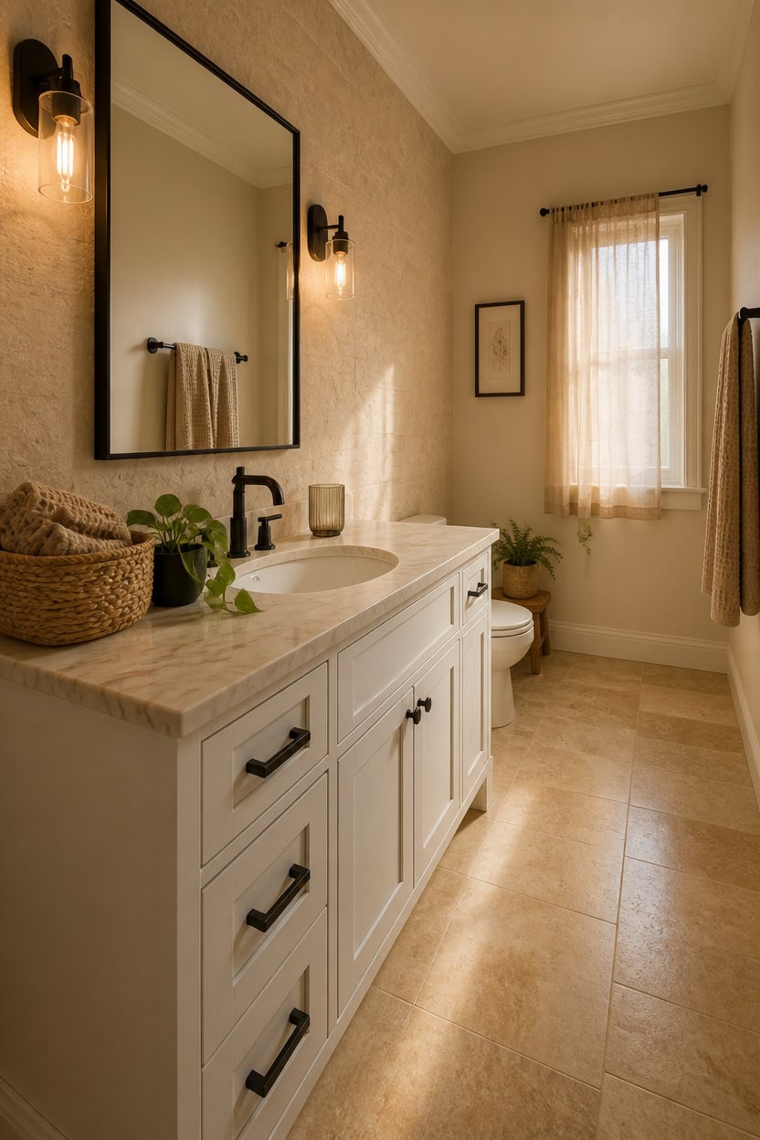 Bright bathroom featuring a white vanity, large mirror, and warm lighting.