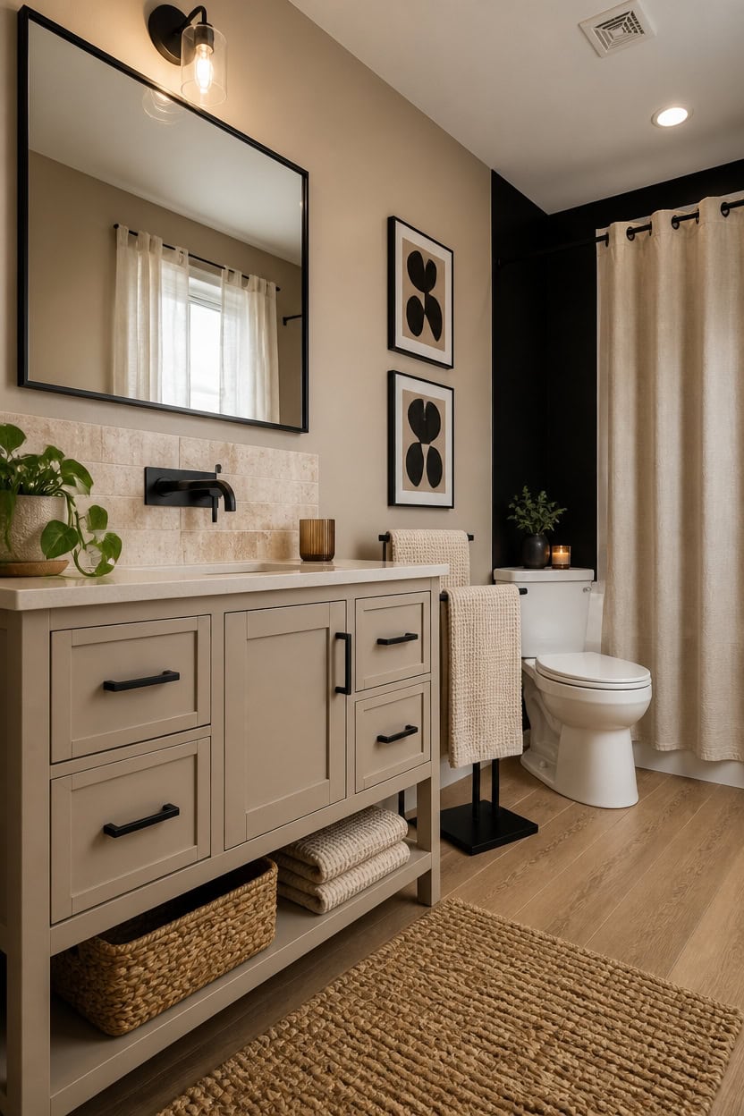 Modern bathroom with beige vanity, mirror, and decorative wall art.