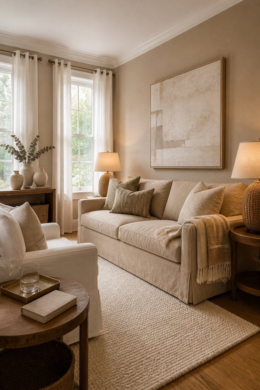Bright and inviting living room featuring large windows, neutral tones, and comfortable seating. Perfect for relaxing at Apar.