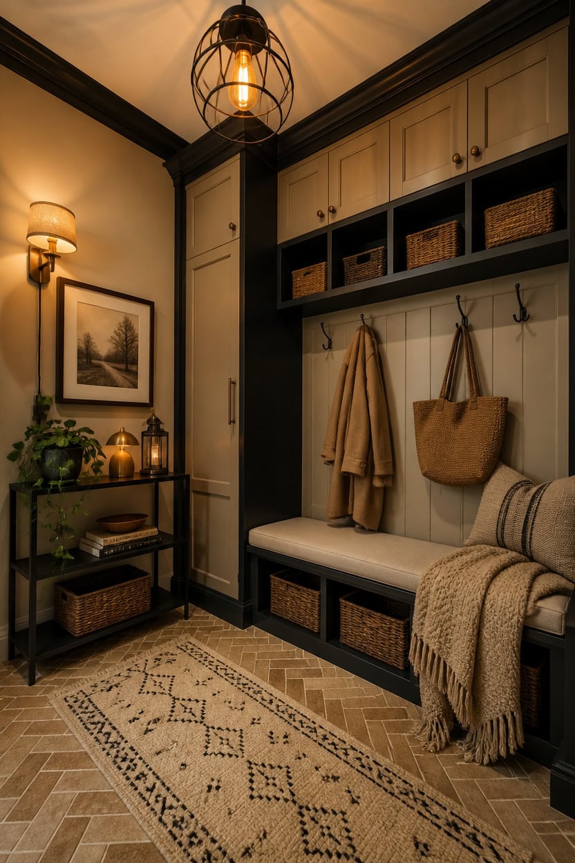 Warm and inviting entryway with built-in storage, hooks, and decorative accents.