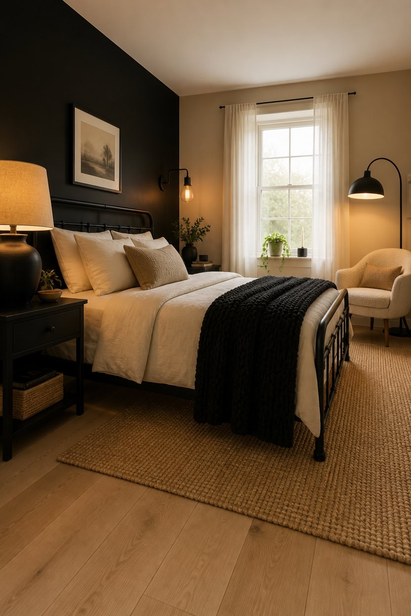 Bright and inviting bedroom featuring a large window, neutral tones, and stylish furnishings for a c.