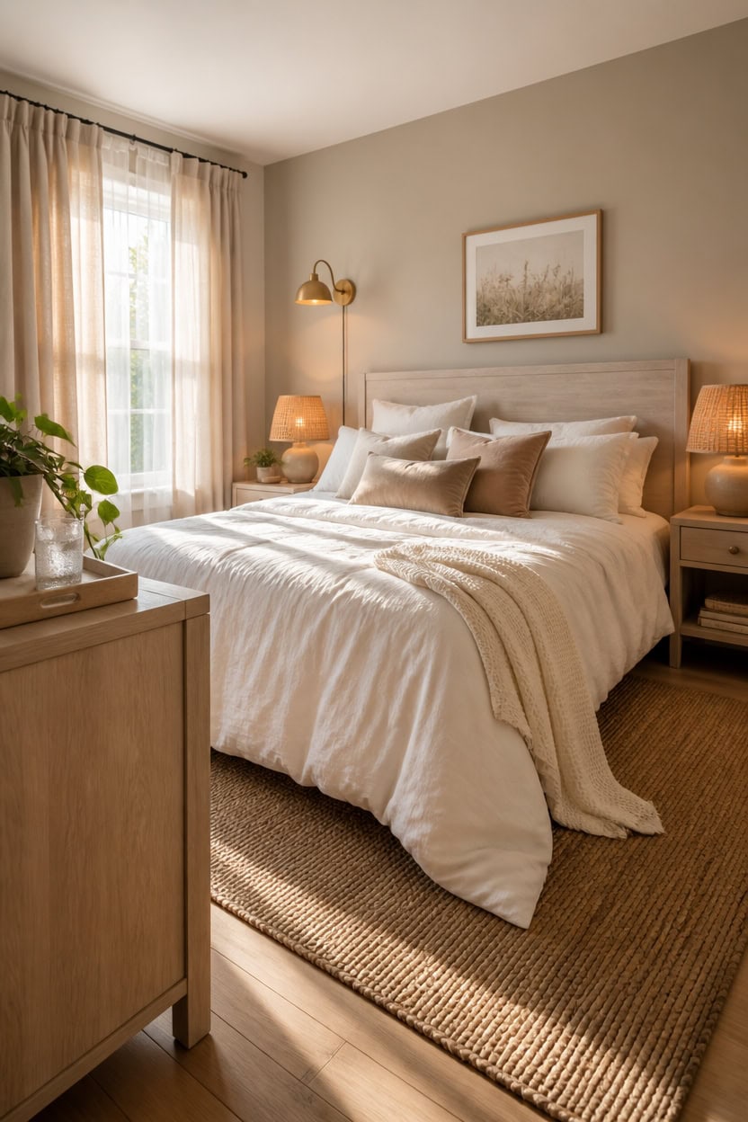 Bright and inviting bedroom with large window, soft neutral tones, and comfortable bedding for a relaxing stay.